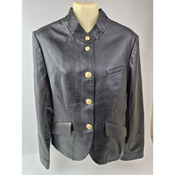 Rag & Bone Women's Black Sadie Crop Leather Blazer Gold Buttons Size 12 - Picture 4 of 7